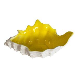Vintage Ceramic Conch Shell Dish FF Mark White Yellow Coastal Catchall Planter
